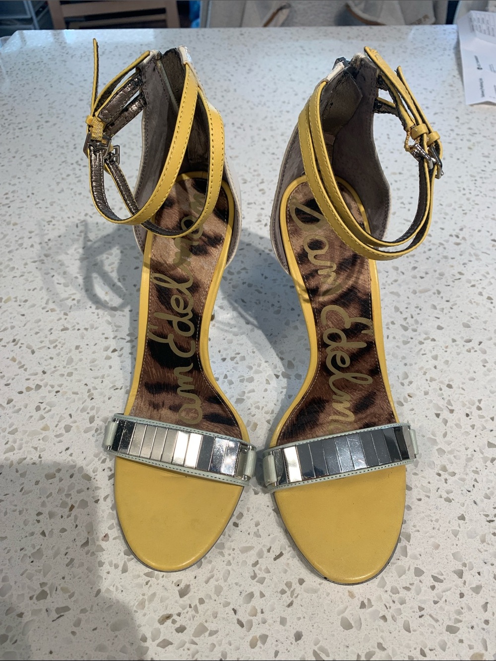 Sam Edelman Yellow Ankle-Strap Heeled Sandals with Silver Toe Trim